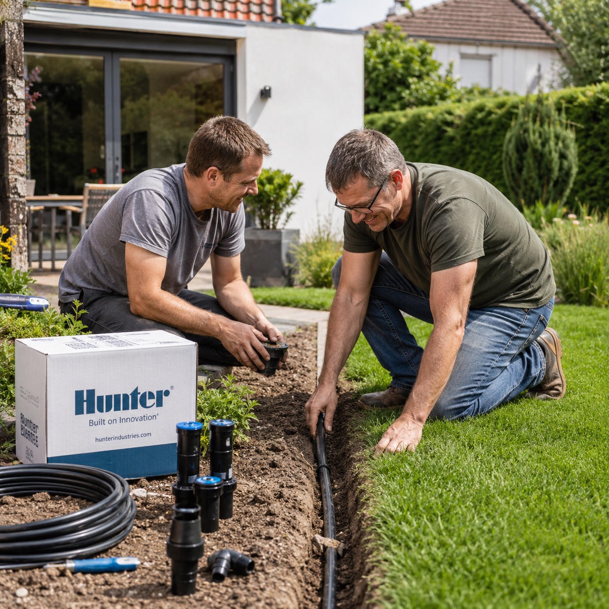 Zwei Männer verlegen ihre Hunter-Gartenbewässerung selbst — reines Stecksystem