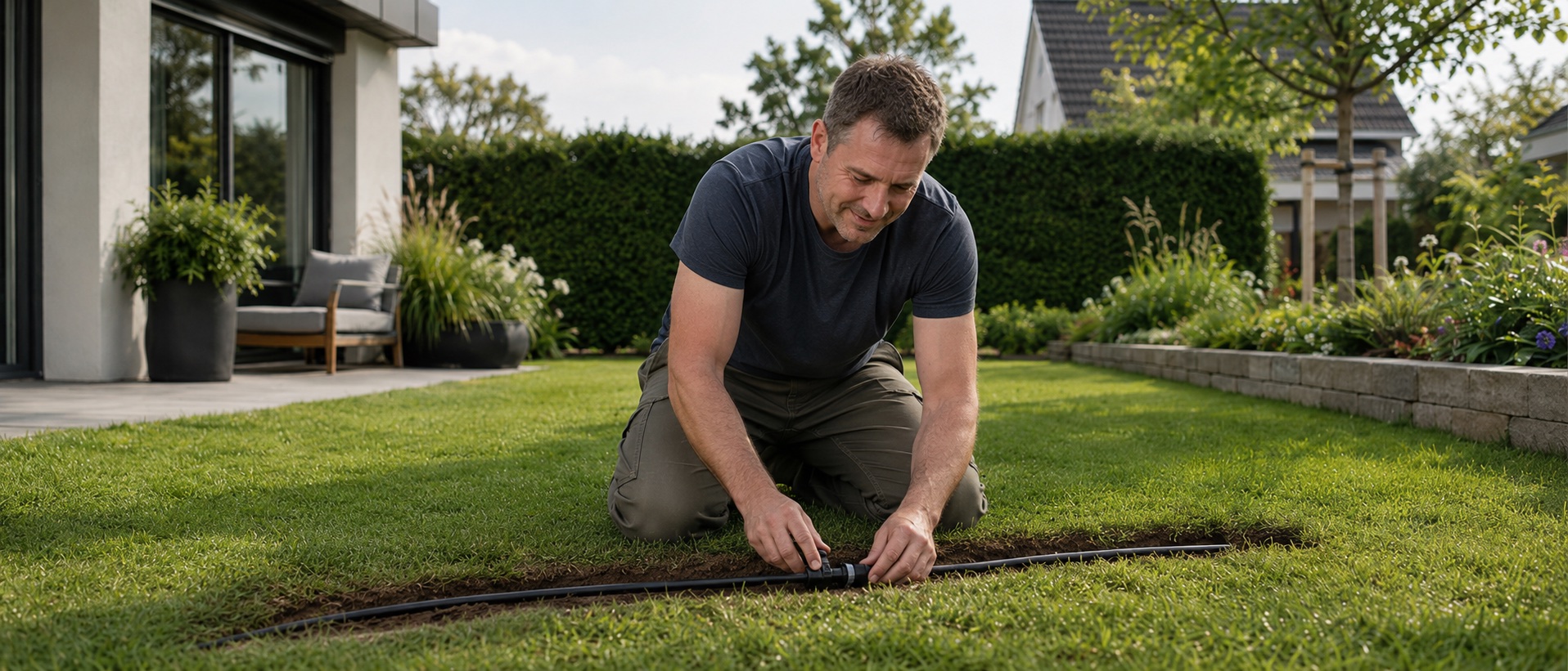 Mann verlegt seine Gartenbewässerung selbst im Rasen — Sofort-Box von Bewässerungsbox
