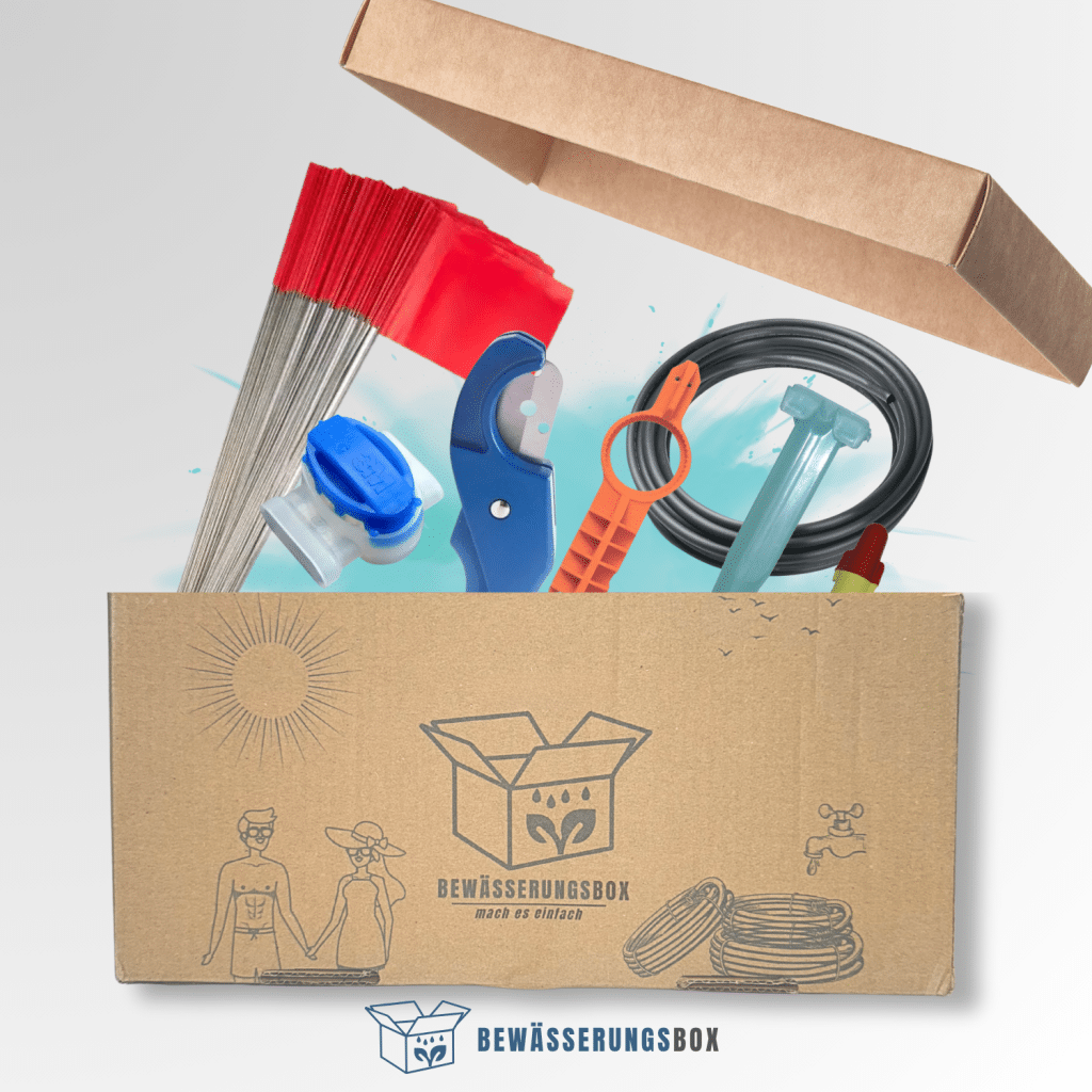 Bewässerungsbox Werkzeug- und Installationsset mit Rohrzange, Rohrschneider, Markierungsstäben und PE-Rohr – alles für die einfache DIY Installation von Gartenbewässerungsanlagen und Beregnungssystemen