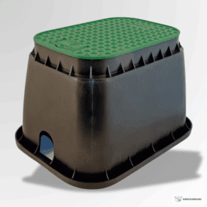 Rechteckiges Ventilkästengehäuse aus schwarzem Kunststoff mit grünem Deckel – Typ Standard für Bewässerungsanlagen