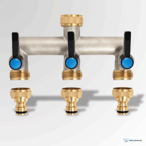 3-Wege-Wasserverteiler aus Metall mit blauen Hebelventilen und Messinganschlüssen