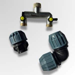 Bewässerungsbox Wassererweiterung – 2-Wege-Verteiler mit Absperrhähnen und PE-Rohr Fittings für Hauswasser-Integration