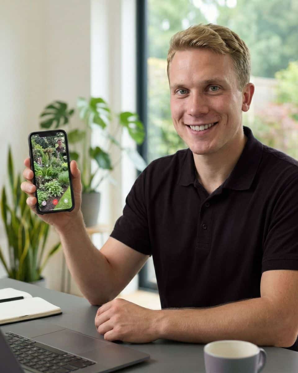 Bewässerungsbox Berater zeigt Gartenberatung per Video-Anruf auf dem Smartphone – persönliche Expertenberatung für automatische Gartenbewässerung