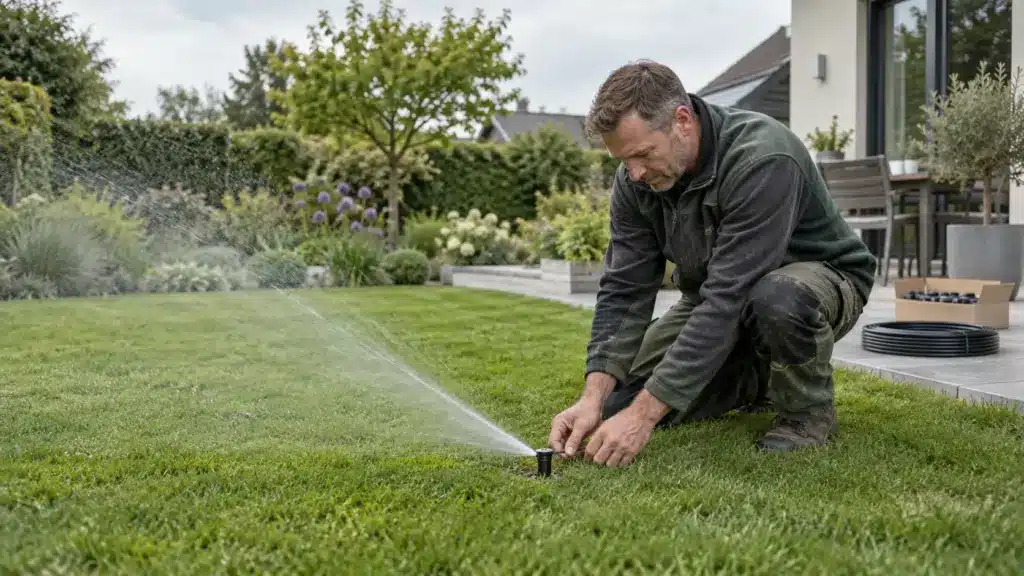 Landschaftsgärtner prüft einen laufenden Regner in einem gepflegten Hausgarten